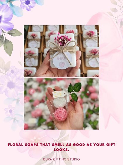A "Baby in Bloom" idea board showing how floral soaps can be a beautiful and fragrant favor for a baby shower.