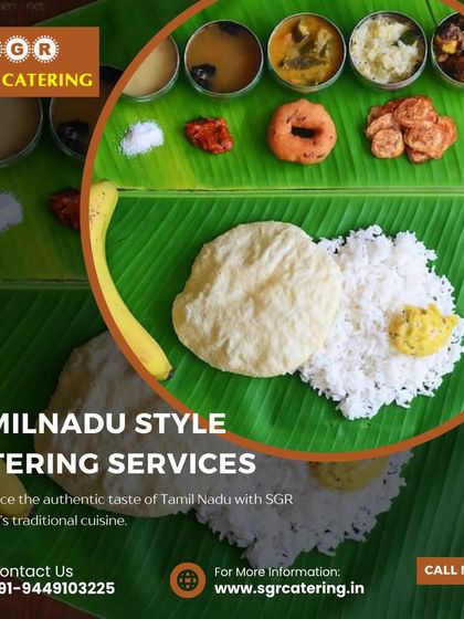 Experience the authentic taste of Tamil Nadu with our traditional cuisine. This image shows a complete meal on a banana leaf, featuring poori, rice, a banana, and a variety of side dishes, representing a hearty and traditional feast.