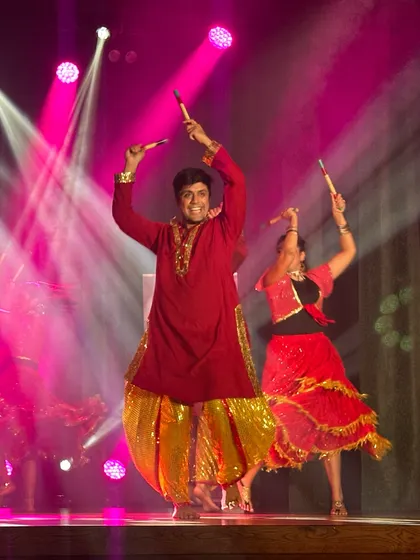 Nothing says celebration like a vibrant Dandiya performance. This moment is from a professional stage show in Estonia, capturing the joy and color we bring to cultural events, weddings, and sangeet nights. We make traditional dance accessible and fun for everyone.
