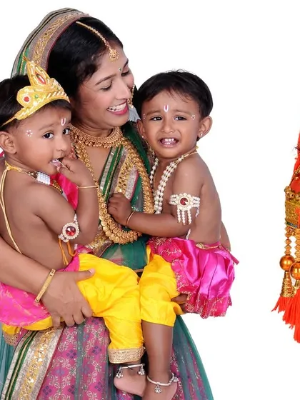 A heartwarming Yashoda Krishna themed photoshoot for Janmashtami. These sessions include full costumes and props to create a truly memorable and divine portrait of mother and child.