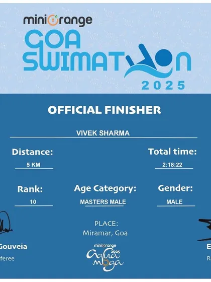 Official finisher certificate for a 5km swim. We celebrate every achievement, as each one is a step forward on the journey.