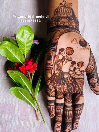 A clear, high-quality shot of the Karwa Chauth design, perfect for showing the intricate details of the figures and the patterns on their clothes.