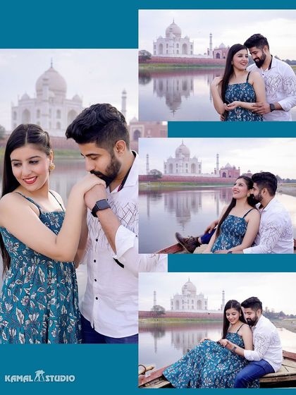 A collage showcasing different moments from a Taj Mahal pre-wedding shoot, from romantic kisses to relaxed poses by the river.