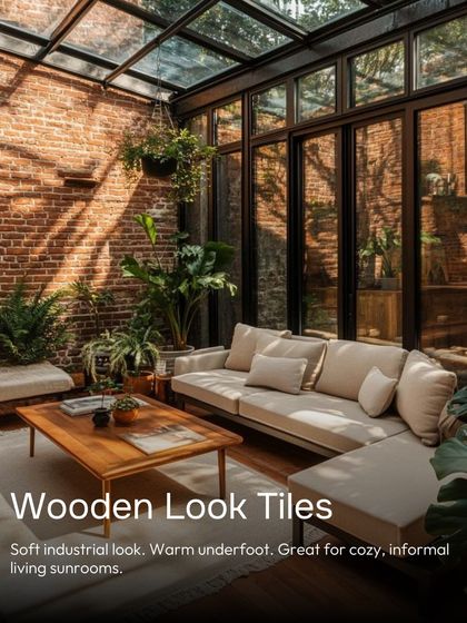 This sunroom has a soft industrial look, with exposed brick walls and warm wooden-look tiles on the floor. The tiles provide a cozy, informal feel, perfect for a comfortable living area.