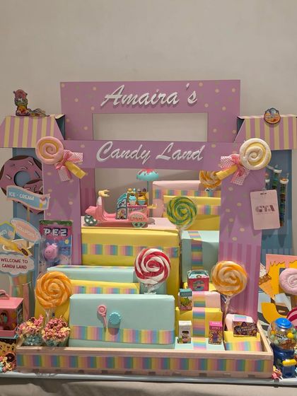 A full shot of 'Amaira's Candy Land', a vibrant and playful hamper designed to look like a miniature sweet shop.