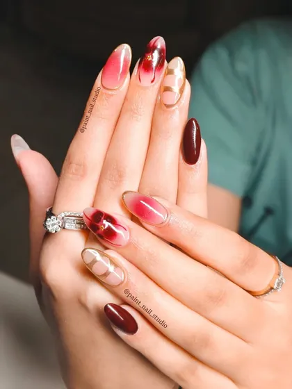 A clearer shot of the deep red and gold marble design. The gold-lined cutouts and the abstract "bloom" effect make this a true work of art.