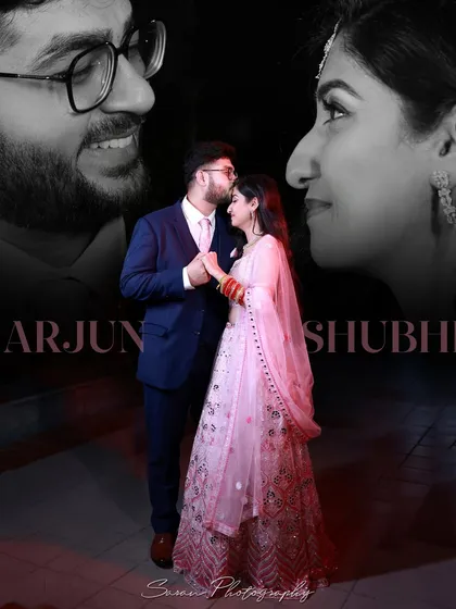 A romantic couple portrait with a black and white overlay, personalized with their names.