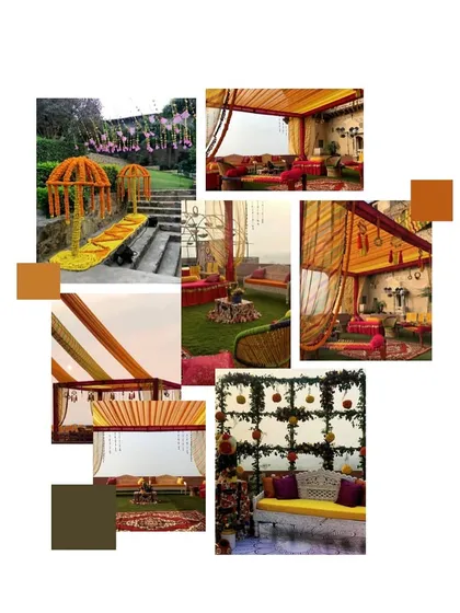 A physical mood board I created for a traditional, vibrant event. It helps the client and me to visualize how different elements, from floral setups to seating, will come together.