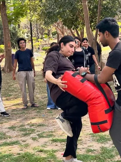 A powerful knee strike demonstration. We teach you to target vulnerable areas to quickly disable an attacker.