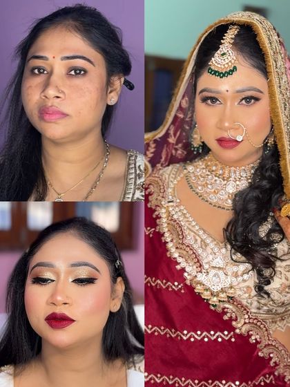 A complete bridal transformation. This collage shows the journey from a bare face to a fully realized bridal look, complete with HD makeup, bold red lips, and perfectly styled hair and jewelry.