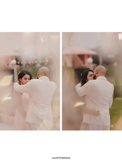 An artistic diptych of the couple's first dance, captured with a dreamy, soft-focus effect.