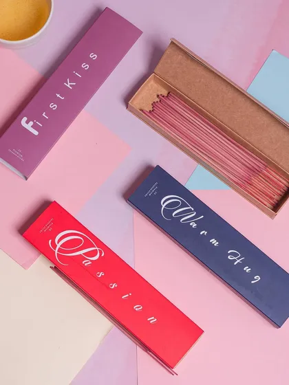 In the middle of a chaotic day, the soothing aroma of our incense brings a moment of peace. This collection, with names like 'First Kiss' and 'Passion', is designed to evoke emotion and create a special atmosphere.