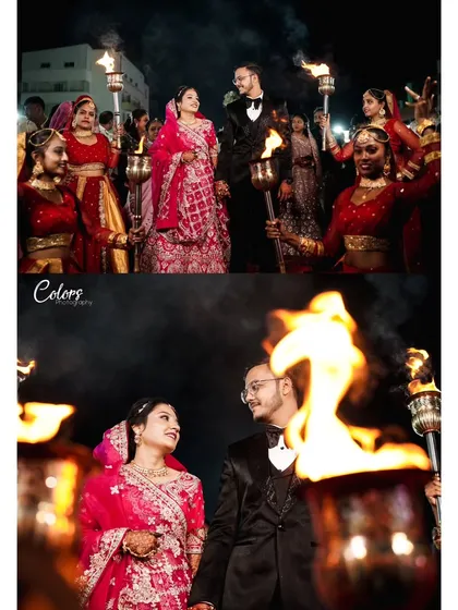 A collage showing the couple's grand, fiery entrance at their reception, surrounded by performers with torches.