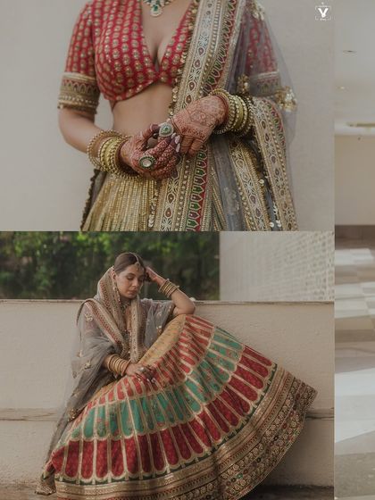 A collage highlighting the stunning details of the bride's Sabyasachi lehenga. The close-up of the blouse and the full-length seated pose showcase the vibrant colors and intricate design.