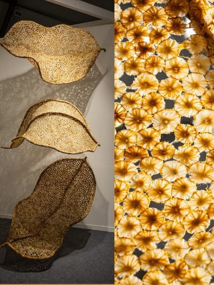 This side-by-side view contrasts the full installation with a macro detail of the material. It serves as a visual summary of the project, showing both the grand artistic vision and the humble, recycled material it is built from.