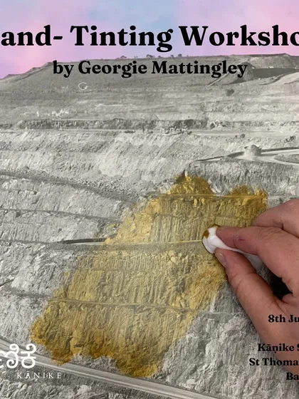 This poster announces our hand-tinting workshop, where artists can learn to add color to black and white photographs. We frequently host specialized workshops that blend photography with other art forms.