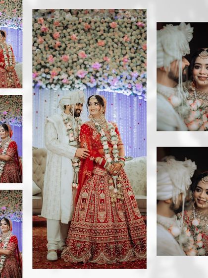 A collage showcasing the couple's interactions on their wedding stage, with a beautiful floral wall behind them.