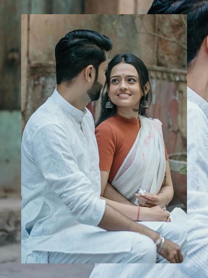 A beautiful shot capturing her gaze as they sit together in a quiet city corner, showcasing a moment of serene connection.