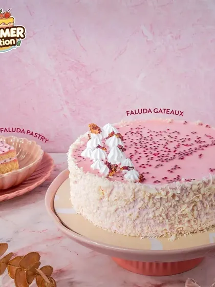 We've turned a classic Indian dessert into a stunning cake. Our Faluda Gateaux has all the familiar flavors of rose, vermicelli, and basil seeds in a light, refreshing cake form.