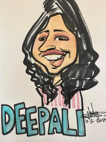 This caricature captures the guest's cheerful expression. It was a fantastic day celebrating the women at Mango Apps.