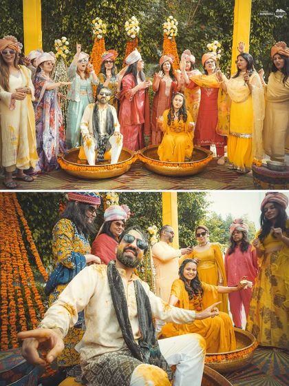 The bride and groom, seated in large traditional pots for their Haldi. This collage captures the fun group photos with their friends and family, showcasing the celebratory mood.