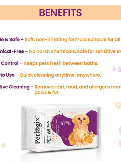 Here are the benefits of using my Pet Wipes. The formula is gentle, chemical-free, and safe for sensitive skin, while still being effective at removing dirt, controlling odour, and cleaning allergens from paws and fur.