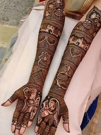 This is a duplicate of image 14. A full-arm bridal design rich with traditional Indian motifs, including elephants, peacocks, lotuses, and a charming bride and groom portrait on the palms.