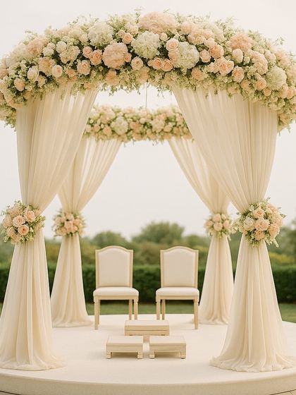 An elegant and classic mandap design featuring a circular floral canopy of white and peach roses. The soft, flowing drapes create a romantic and dreamy atmosphere for an outdoor ceremony.
