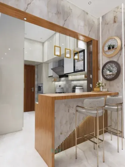 This 3D render shows a kitchen with a breakfast bar that acts as a stylish partition from the dining area. The design uses a mix of wood and marble finishes for a luxurious feel.