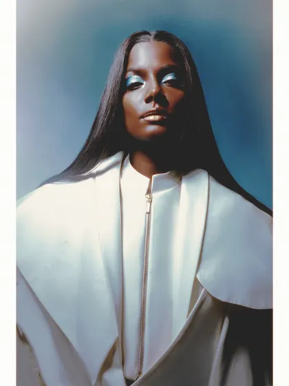 A serene yet strong portrait. The styling with the wide-collared white coat is almost clerical, while the blue eyeshadow adds a modern, artistic touch.