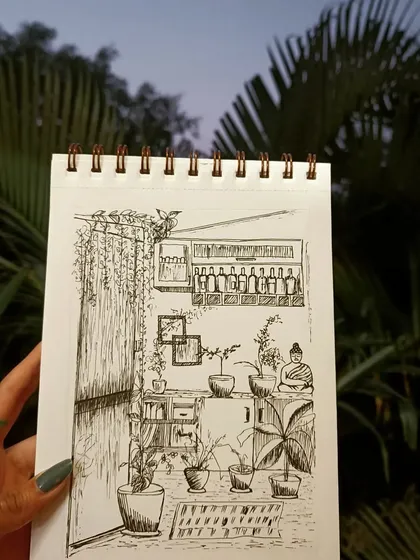 Here is another live sketch, this time of a cozy indoor corner filled with plants. These quick pen drawings are a great way to capture the character of a space.