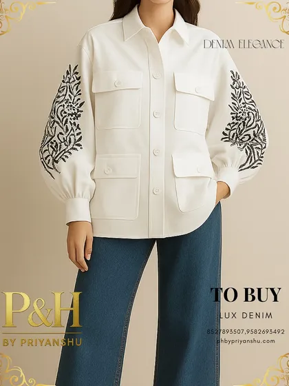A detailed view of the white denim shirt, focusing on the sleeve embroidery and the clean button-front closure.
