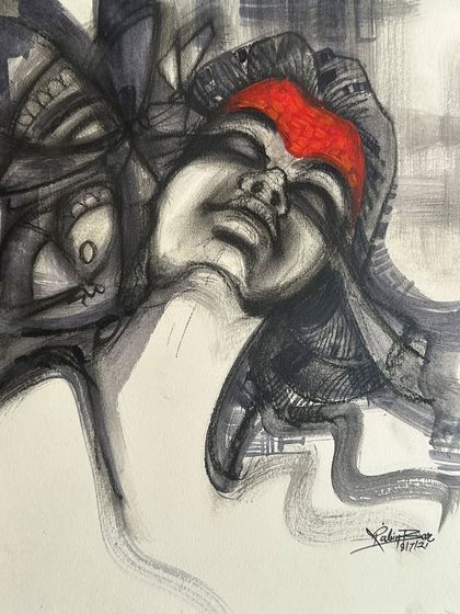 A powerful acrylic on paper artwork, this untitled piece uses strong black lines and a touch of red to create an intense, abstract portrait.