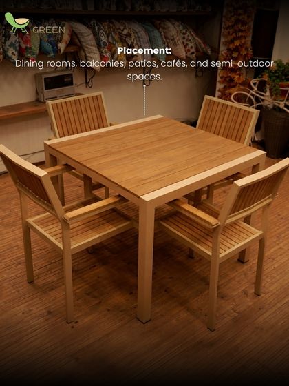 This wooden dining set is versatile enough for dining rooms, balconies, patios, and even cafes. The clean lines and natural wood-look finish make it a timeless choice for any semi-outdoor space.