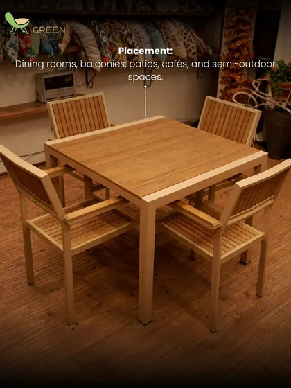 This wooden dining set is versatile enough for dining rooms, balconies, patios, and even cafes. The clean lines and natural wood-look finish make it a timeless choice for any semi-outdoor space.