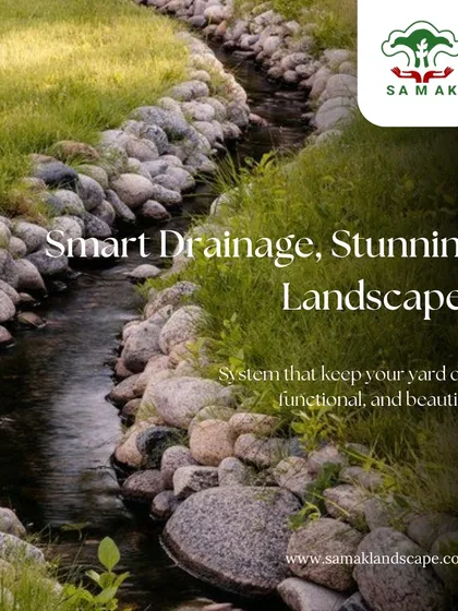 This image highlights our smart drainage solutions, which are both functional and beautiful. A dry creek bed made of river stones effectively manages water runoff while adding a natural, rustic element to the landscape.