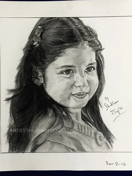 A pencil sketch of child artist Harshaali Malhotra. This piece captures the innocence and charm of her character from the film "Bajrangi Bhaijaan."