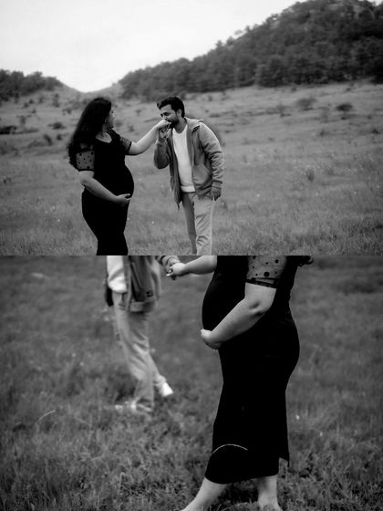 A black and white collage that combines a romantic gesture of him kissing her hand with a close-up on her baby bump, beautifully linking their love story to their growing family.