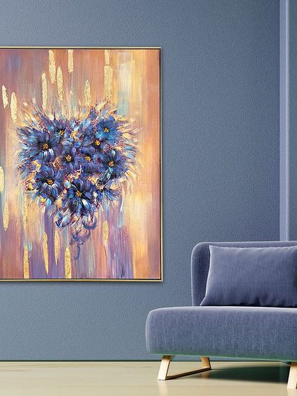 A heart-shaped bouquet of blue flowers is the centerpiece of this lovely hand-painted artwork. The soft, romantic background is accented with vertical strokes of gold foil, adding a touch of elegance.