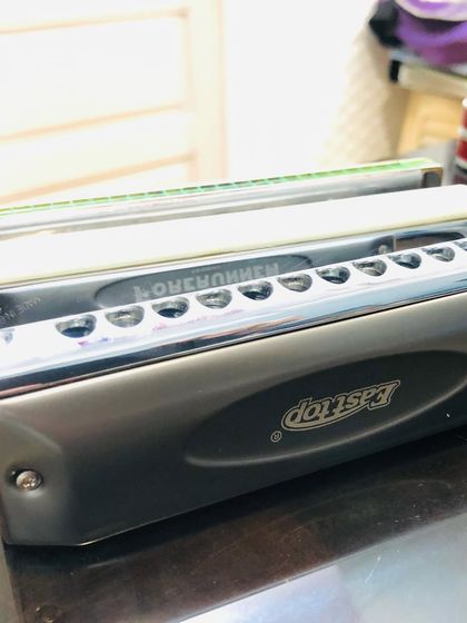 A close-up of the harmonicas used in our classes. We guide students on choosing the right type of harmonica, whether it's a diatonic or chromatic, for their musical goals.