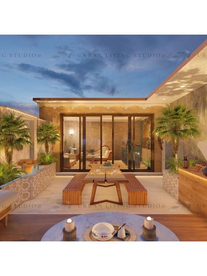 A dining area within the Moroccan-themed terrace. The design uses natural wood furniture and palm trees to create a warm, grounded, and neutral palette.