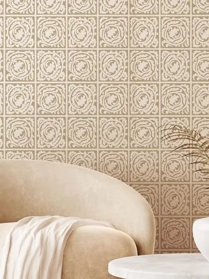 A simple yet elegant tile-like pattern in a warm beige. This versatile design adds a subtle texture and a sense of order, making it a perfect backdrop for a cozy reading corner.