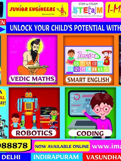 A promotional image for our classes at Laxmi Nagar, Indirapuram, and Vasundhara, covering Abacus, Vedic Maths, Robotics, Coding, and Midbrain Activation.