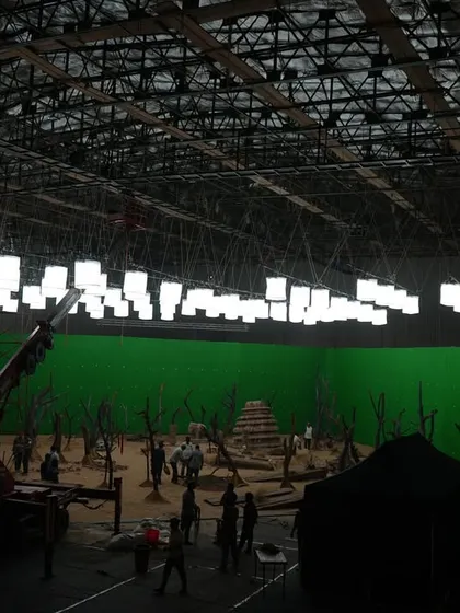 A wider angle of the Coca-Cola set, showing a crane and the extensive green screen area, all evenly lit by our overhead rig.
