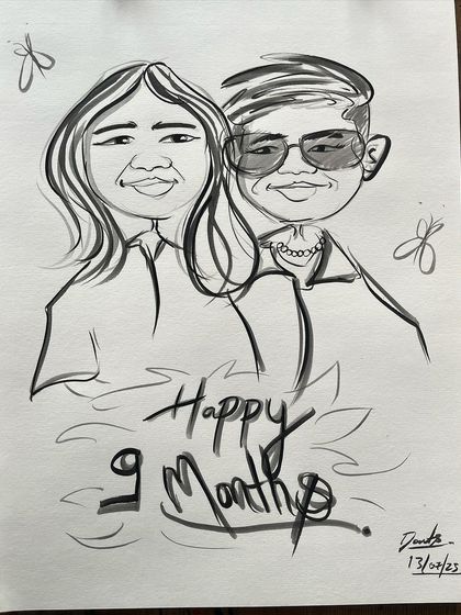 Celebrating a milestone with this "Happy 9 Months" caricature. It's a fun and unique way to mark any special date.