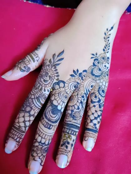 A close-up of a single hand showing a detailed finger design. This is perfect for someone who wants a touch of henna without a full-hand application.