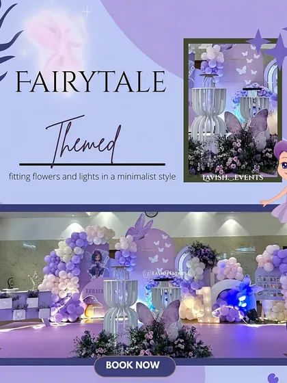 A promotional graphic for our fairytale-themed decor, showcasing a beautiful purple butterfly setup with minimalist flowers and lights.