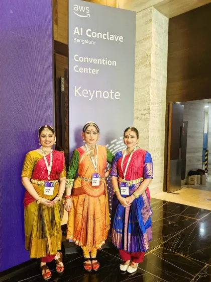 Backstage with my students at the AWS AI Conclave. These moments of preparation and camaraderie are just as important as the performance itself, reflecting the spirit of our Abhinayaa troupe.