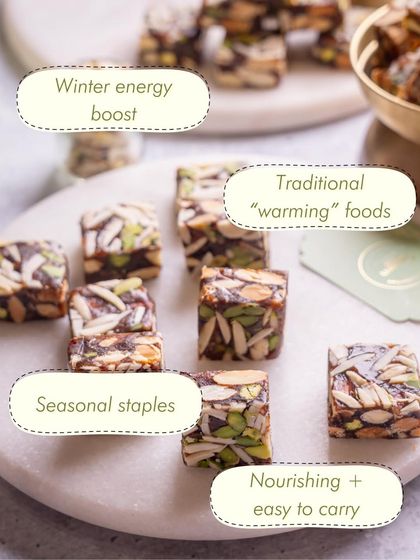 The benefits of my winter staples are highlighted here. They provide a winter energy boost, are traditional "warming" foods, and are nourishing and easy to carry.