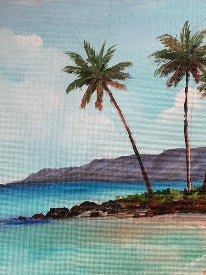 A stunning acrylic seascape capturing the serene beauty of a tropical beach. Our courses teach you how to paint water, skies, and landscapes with confidence.